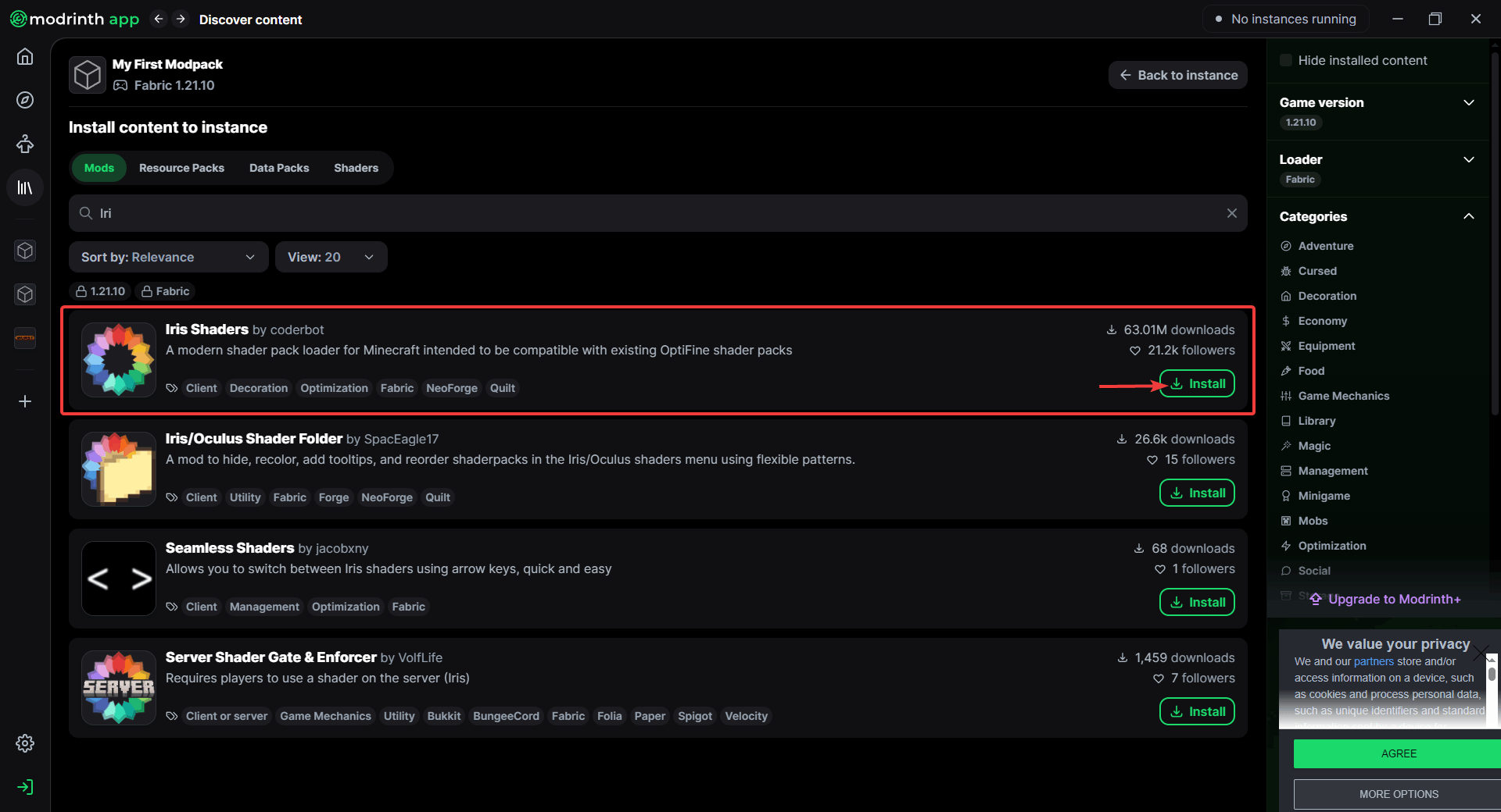 Shaders tab showing Iris and shader packs